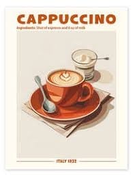 Vintage cappuccino poster illustration showing a red cup with latte art on a saucer with spoon, Italy 1932