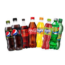 Row of colorful plastic soda bottles including Pepsi, Coca-Cola, Fanta, and Sprite brands